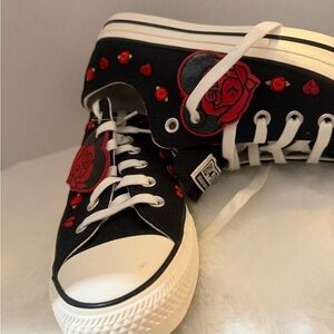 Converse Black and White Low-Top Sneakers with Red Rose Embroidery